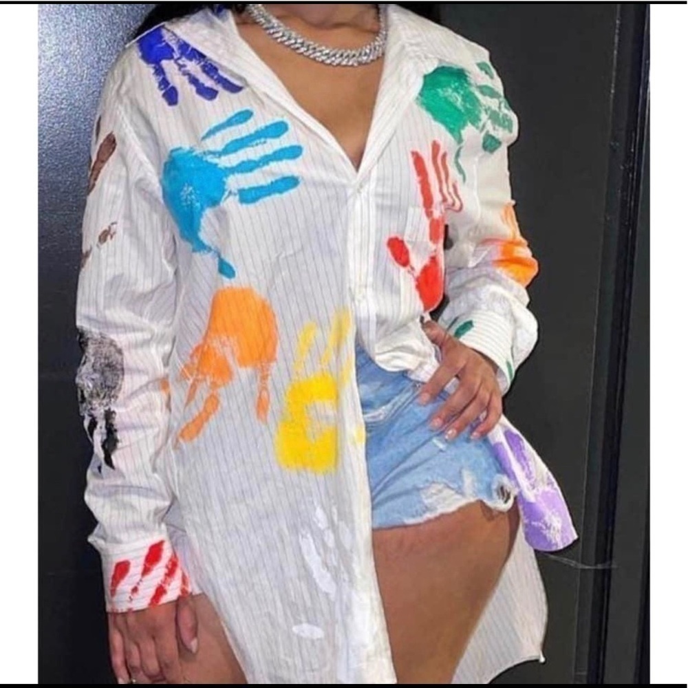 Button Down Blouse. Multicolored Handprints. Nwot. Small